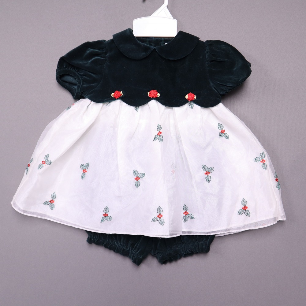 Youngland Baby Girls Green Velvet Holly Embroidered Christmas Dress Set 18M